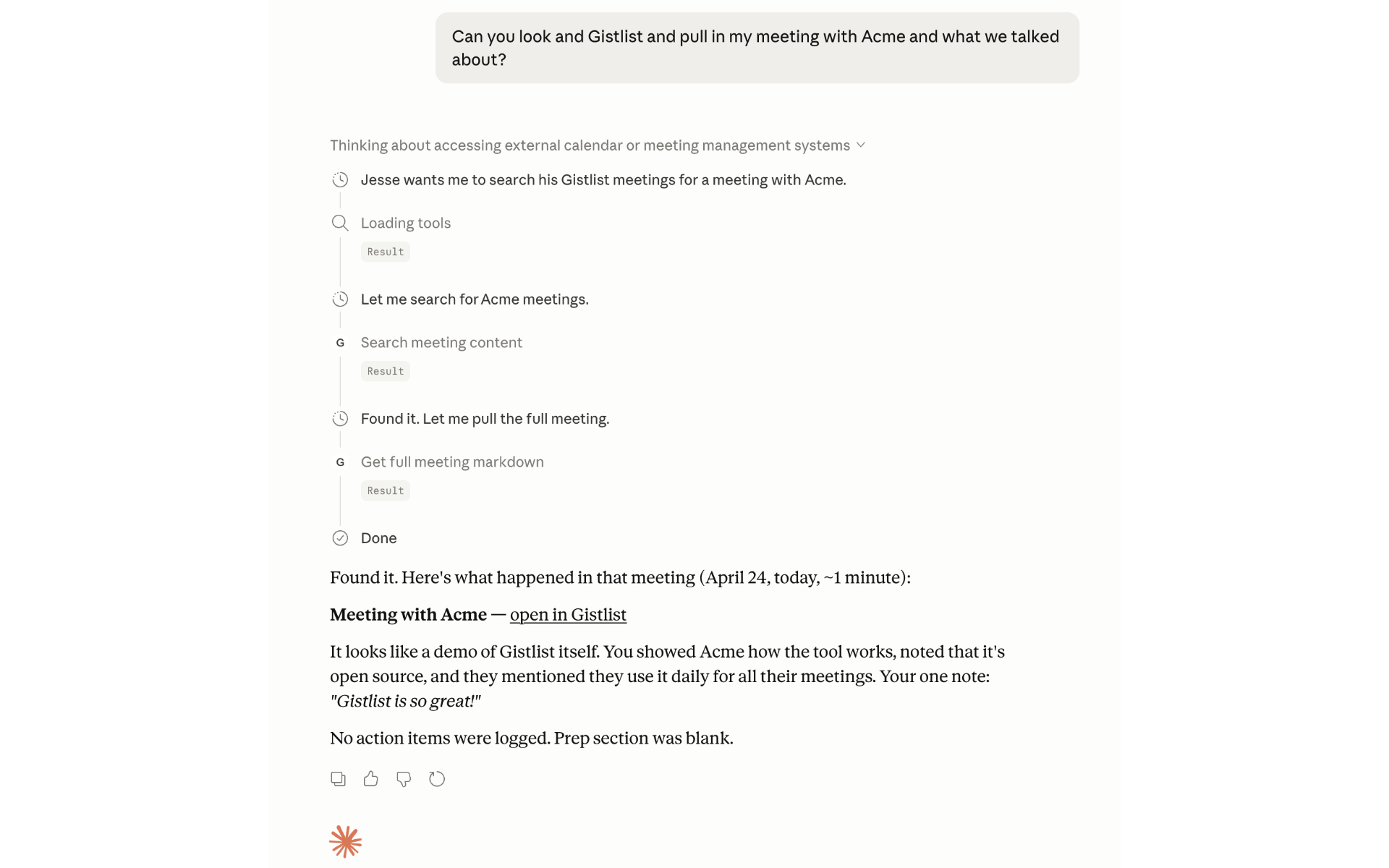 Claude Desktop answering a question about a past meeting, with citations pointing back to transcript timestamps