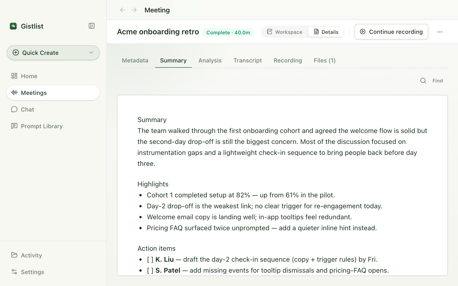 Gistlist app window showing a completed meeting with its summary