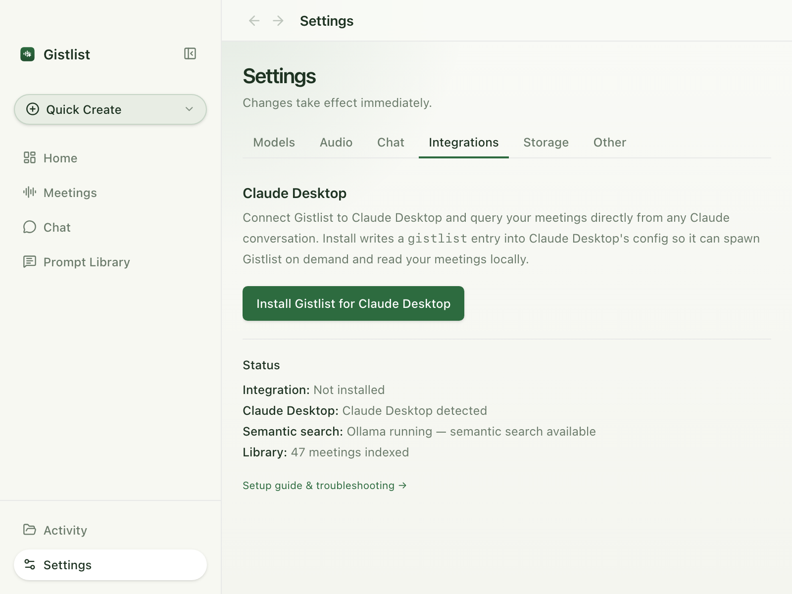 Gistlist Settings → Integrations tab with the Install Gistlist for Claude Desktop button