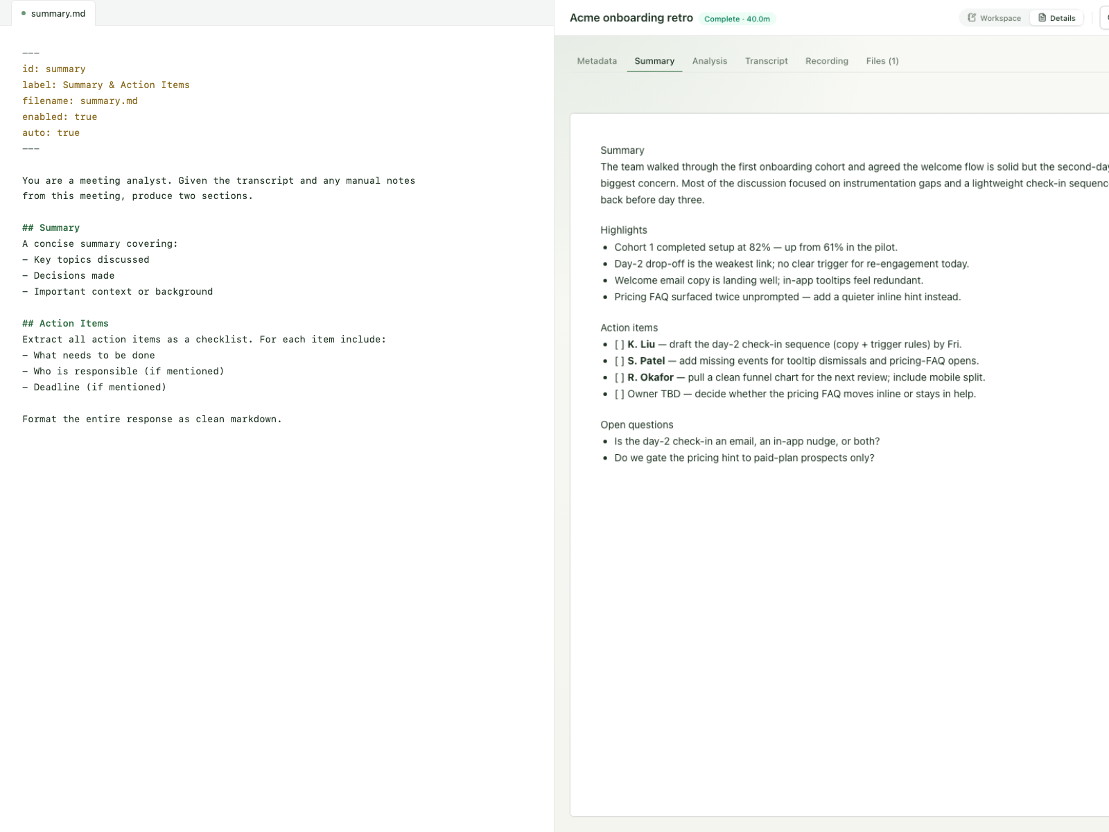 A completed Gistlist meeting with its summary output and the prompt that produced it